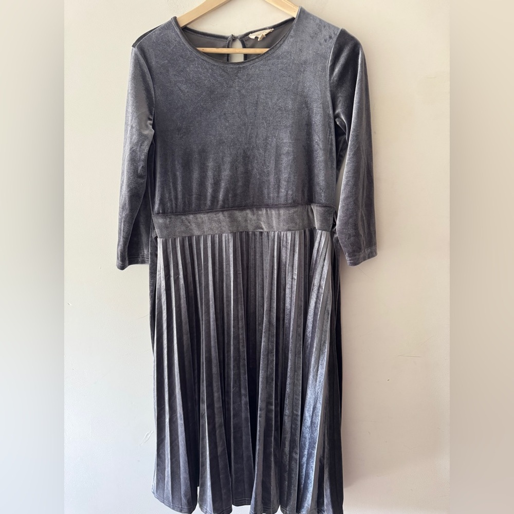 Hidden Alley Gray Long Sleeve Velvet Pleated Dress With Tie Detail‎
